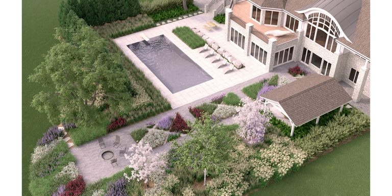 Aerial view of a modern house with a pool, garden, and landscaped outdoor area.