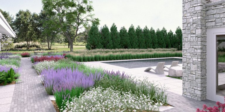 A landscaped garden with colorful flowers, a pool, and greenery in the background.