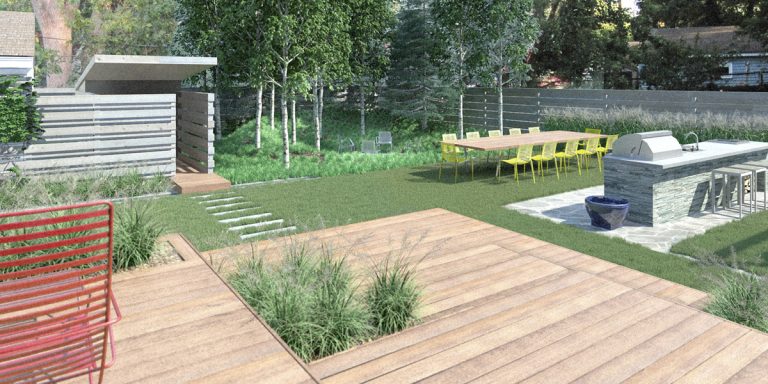 Modern outdoor space with grass, dining area, and a barbecue grill, surrounded by greenery.