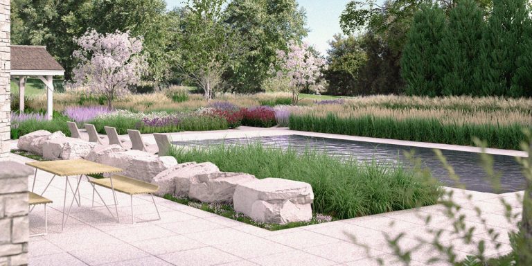 Modern garden with a pool, lounge chairs, and lush greenery.