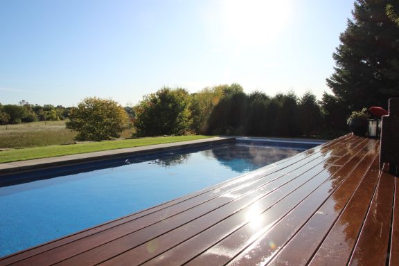 A sunny poolside view with wooden decking and lush greenery in the background.