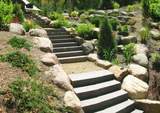 Stone steps winding through a landscaped garden with greenery and rocks.