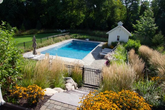 A backyard pool surrounded by greenery and vibrant yellow flowers.
